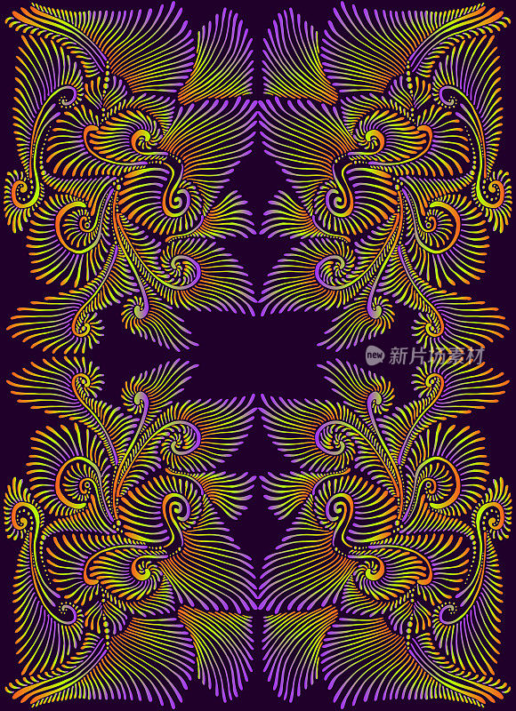 飘逸迷幻迷幻五彩缤纷分形曼荼罗，紫淡绿橙渐变色。3 d效果。万花筒花具许多装饰性线条图案。